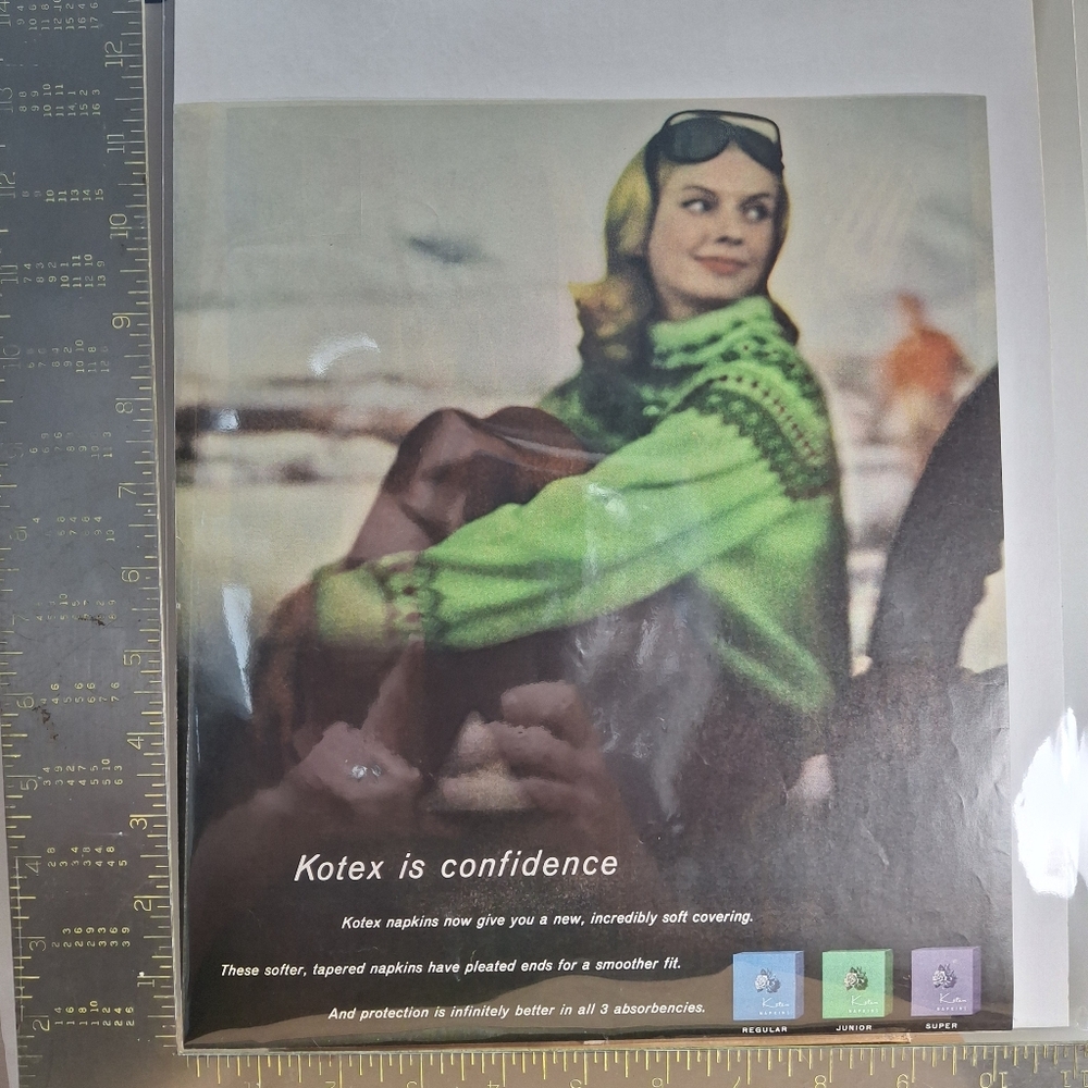 Kotex Vintage Magazine Ad Featuring Woman in Bright Green Sweater
